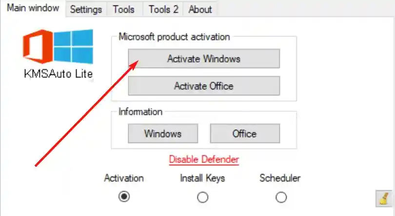 Step 4 - click button Activation Windows for KmsAuto